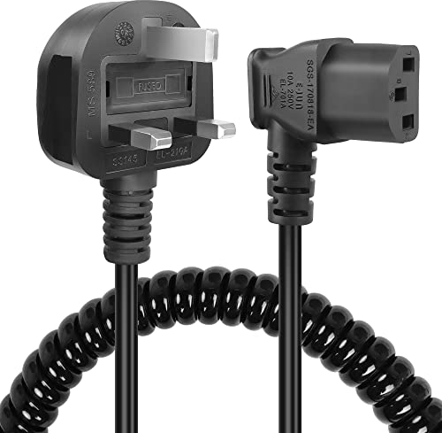 GELRHONR Kettle Lead Power Coiled Cable,90 Degree 3 Pin Power Lead Spring Spiral Cable for Computer,Monitor,TV,Halogen Oven (Right Angle C13)