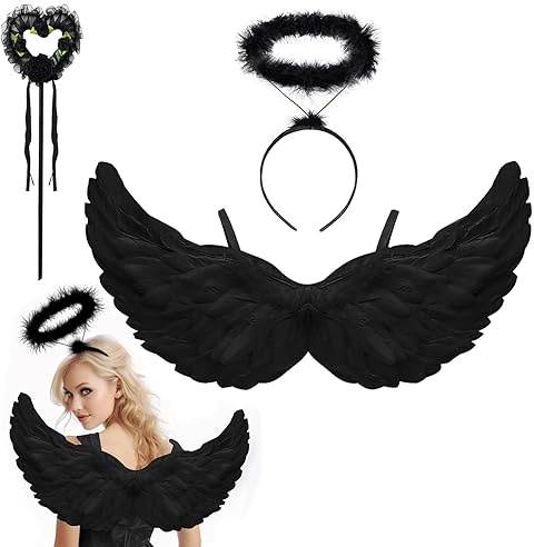 BINXWA Engelsflügel schwarz, schwarze flügel Größe 70cm mit heiligenschein und zauberstab schwarzer engel kostüm damen,halloween kostüm frauen Halloween Party Karneval Cosplay Erwachsenes