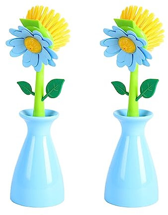 BBTISG 2 Pcs Flower Shape Cleaning Brush, Removable Handle Kitchen Bathroom Brush Creative Lovely Shape Lavatory Bowl Dish Pot Cleaning Brush with Holder (Blue)