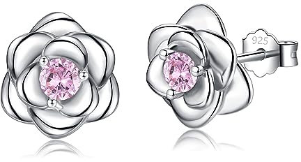 Sterling Silver Stud Earrings for Women, Silver Flower Pink Cubic Zirconia Hypoallergenic Helix Cartilage Earrings Jewelry Gifts for Girls