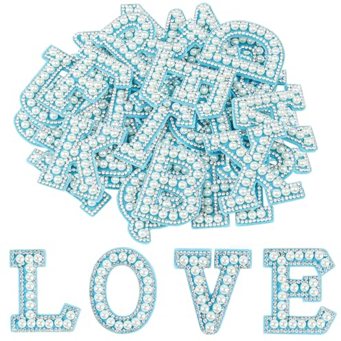 Morcheiong 26Pcs PearlPearl Rhinestone Letter Patches Self Adhesive A-Z, Stick on Pearl Letter Patches for Clothes, Fabric, Backpack (Blue)