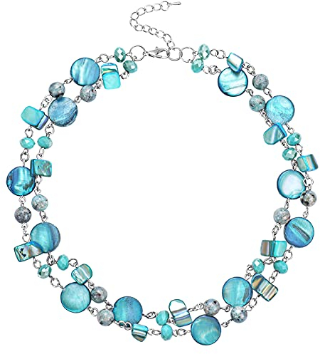 FULU AUTUMN Kristall Perlenkette Boho Muschelkette Damen Statement Bunte Mehrreihige Halskette Modeschmuck Geschenke für Fraue(59-Turquoise)