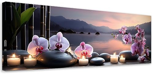 Feeby Bilder Spa Zen Orchidee 150x60 cm 1 tlg Schlafzimmer Modern Vlies Leinwandbilder Bild auf Leinwand Kunstdruck Wand Wanddeko Design Wohnzimmer Büro Flur Hotel Spa Kerzen Wasser Steine Violett