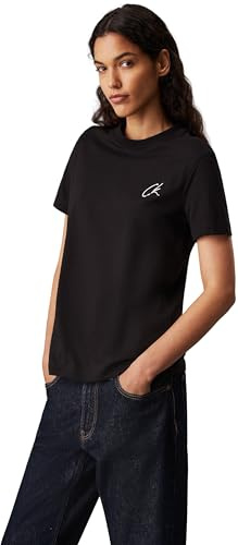 Calvin Klein Damen T-Shirt Kurzarm Embroidered Regular Fit Tee Rundhalsausschnitt, Schwarz (Ck Black), S