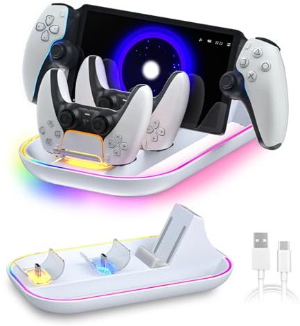 Station d'accueil de charge pour PlayStation Portal et manette PS5, support de charge 3 en 1 pour lecteur à distance PS Portal avec 14 lumières RVB et câble de type C, support pour PS Portal – Blanc