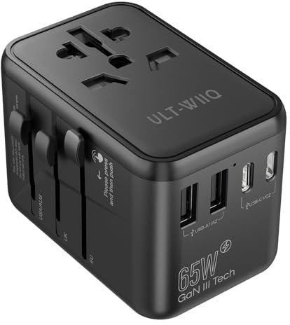 ULT-WIIQ Adaptateur Voyage Universel 65W International Adaptateur Prise Universelle avec 2 USB-A et 3 USB-C Adaptateur Prise Universelle Voyage pour USA UK EU Japon Canada etc.