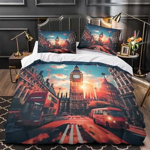 LINAYUYA Big Ben Bettwäsche 3D Landmark Building Bettbezug Weiche Microfaser Bettwäsche-Set Mit Reißverschluss Und Kissenbezug Passen Für Kinder Jungen Mädchen Erwachsener 3 Teilig Single(140x200cm)