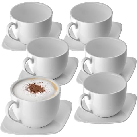 KADAX Lot de 6 tasses avec soucoupes en porcelaine, élégantes, empilables, 250 ml, avec soucoupes, pour thé, café et cappuccino, rondes et blanches