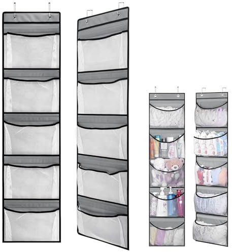 CECOMBINE 2 Pack Over Door Storage Organiser, Over Door Shoe Storage, Hanging Storage Organizer with 5 Pockets for Large Capacity Back of Door Storage for Bedroom, Bathroom, Closet (Grey)