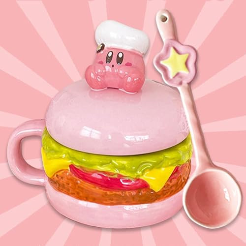 Roffatide Copa Kirby 10 onzas: kitby Burger Cup set (burger Cup + Star spoon) cerámica cafe Cup Tea Milk Cup Office Cup Christmas Birthday gift & super Fun Drinking way