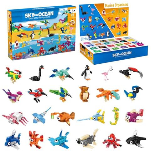 BauCIubs Adventskalender 2025 für Iego Adventskalender Kinder, 24 Tage Advent Calendar Bausatz, 12 VögeI+ 12 Marine Set, Weihnachten 2025 für Kinder