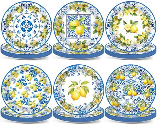 60PCS Lemon Party Paper Plates for Lemon Theme Party Decorations Spring Summer 7In Blue Tiles Yellow Lemon Dessert Plates Disposable Tableware Dinnerware Set for Baby Shower Birthday Party Supplies