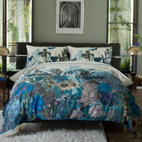The Lyndon Company Tivoli Duvet Cover Set – 100% Cotton, Digitally Printed Botanical Bedding with Piped Edging & Button Fastening – Available in Single, Double, King & Super King Sizes [Bl-Ki]