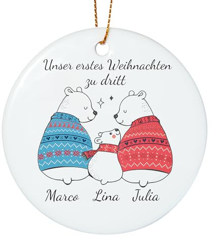 Kiddle-Design Weihnachtsanhänger personalisiert | Erstes Weihnachten zu dritt | Weihnachtskugel mit Name | Baby Familie Christbaumschmuck Eisbär