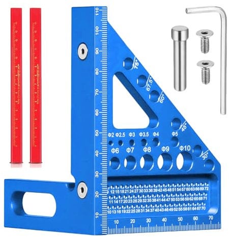 TPTGIAR 3D Gehrungswinkel Multifunktional, 22.5-90 Winkel Aluminiumlegierung Winkelmesser, Hochpräzises Speedmarker, Zimmermannswinkel Mit 2 Holzbearbeitungsstiften für Tischler Ingenieur(Blau)