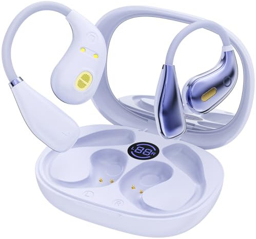 Open Ear Headphones Bluetooth 5.4 Bone Conduction Wireless Earbuds with LED Display Charging Case Makeup Mirror Open Earbuds Ultra-Light Sports Earphones with Secure Fit Sweatproof for Sport, Driving