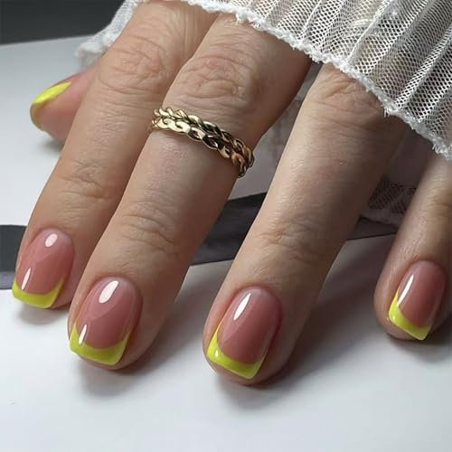 Green-edge Short Fake Nail, Short Shiny Fresh Manicure False Nails, Spring and Summer New Gentle Sweet Glossy Fake Nails Comfortable Fit Stick on Nails Long Lasting Full Cover