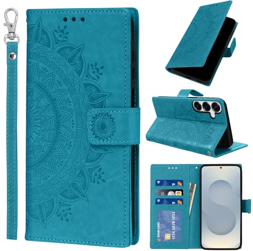 Pnakqil Coque pour Samsung Galaxy S25 5G avec Dragonne Portable, Téléphone Etui Protection, Pochette Portefeuille Porte-Cartes Support Rabat Cuir PU Magnétique Étui avec TPU Phone Housse, Bleu