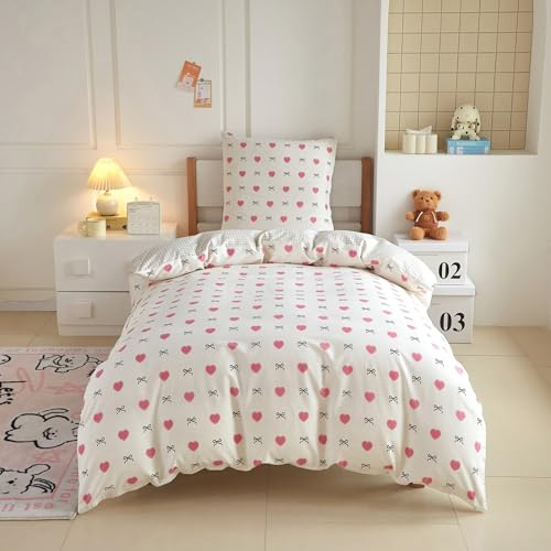 YASMENG Baumwolle Bettwäsche 135x200 Kinder Herzen Schleifen Motiv Bettwäsche Kinder 135x200 Mädchen Weiche Bettbezug Set 2teilig für Jugendliche Mädchen mit Reißverschluss und 80x80 cm Kissenbezug