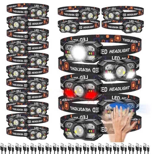 KunHe 20er-Pack Stirnlampe LED Wiederaufladbar, Kopflampe Set mit Bewegungssensor, USB-C Headlamp mit 10 Modi für Arbeit Events Camping Notfall