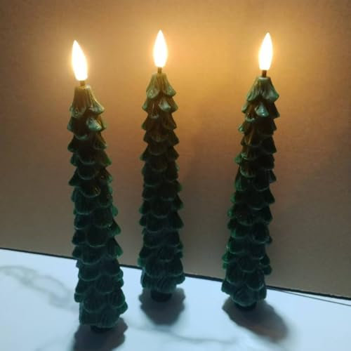 Roadtime Weihnachtsbaumkerzen mit Fernbedienung und Timer, 4 Stk Wachs-LED Stabkerzen Flackernd, Batteriebetriebene Flammenlose Kerzen mit 3D Docht, Grüne Kerzen für Kamin- und Wohnungsdeko