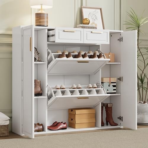 SogesHome Moderner Schuhschrank in Weiß mit verstellbaren Regalböden, 2 Türen, 2 Schubladen & Klappen – Schuhkommode mit goldenen Griffen, B120 x T24 x H107 cm