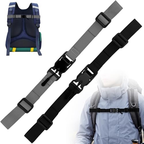 Boloest 2 Stück Verstellbarer Rucksack Brustgurt, Magnetschnalle Rutschfester Schnellfreisetzung Brustgurt, Rucksack Ersatzgurte für Wandern, Schultaschen (schwarz, grau)