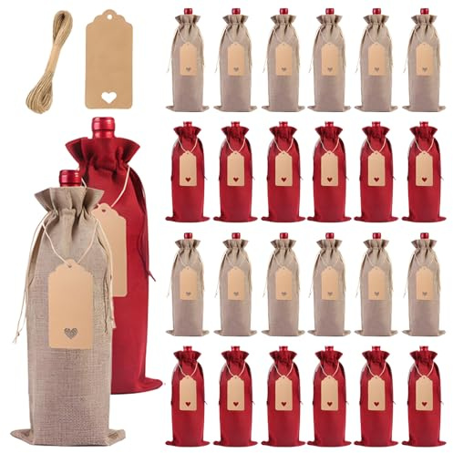 Burlap Wine Gift Bags, 24PCS Wine Bottle Bag with Drawstring Label Card | Wine Bottle Cover for Wedding Birthday Tastings Christmas Travel Party Home Storage (35×15cm, Red beige)