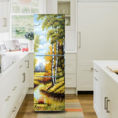 Kühlschrank-Aufkleber, Motiv: Dorf, Fluss, Baum, Landschaft, Aufkleber für volle Tür- und Gefrierschrankabdeckung