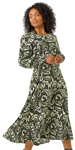 Roman Petite Print Shirred Cuff Midi Dress for Women UK - Ladies Everyday Autumn Winter Round Neckline Comfy Soft Evening Vacation Work Party Night Out - Petite Noir - Size 14