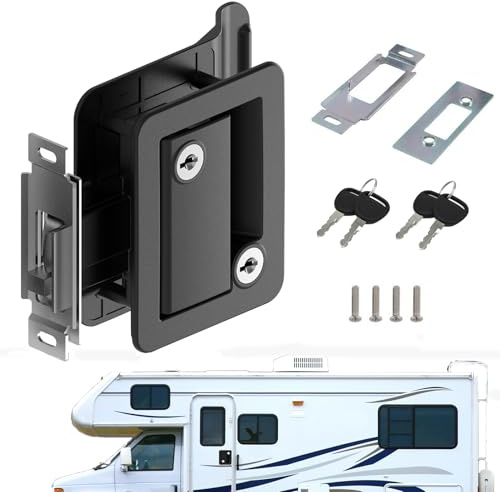 Caravan Door Lock, RV Trailer Door Lock, Latch Replacement with Deadbolt, Anti-Prying, Interior/Exterior Handle Control with 4 Keys, for Campers, RVs, Cargo Trailers, Fits 1.25-1.5 Door Thickness