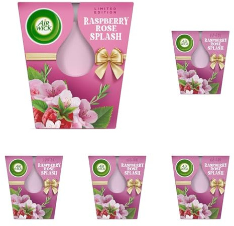 Air Wick Wohlfühl-Duftkerze XL im Glas – Duft: Raspberry Rose Splash – Bis zu 40 Stunden Brenndauer – Enthält natürliche ätherische Öle – 220 g Duftkerze (Packung mit 5)