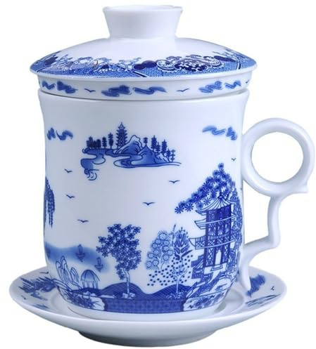 JOINPAYA Tasse à Thé Chinoise en Céramique Bleue Blanche 4 Pièces Infuseur et Couvercle Service à Thé Traditionnel Soucoupe pour Maison Bureau et Dégustation