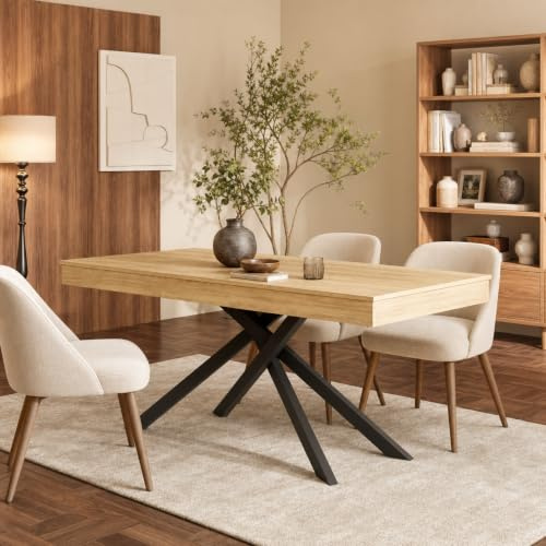 FammyLoft Extendable Dining Table for 6-8 People, Oak (Table Only) | Rectangular Kitchen Table with Thickened Wood Top and Metal Legs, Modern Space Saving Dining Table for Dining Room