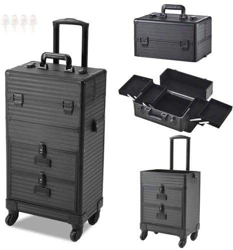 Warmiehomy Makeup Case 4-in-1 Tall Vanity Case Makeup Trolley Professional Beauty Trolley on Wheels Large Makeup Organizer Suitcase Cosmetic Storage Box 2 Drawers for Women 36x23x62cm（Black）