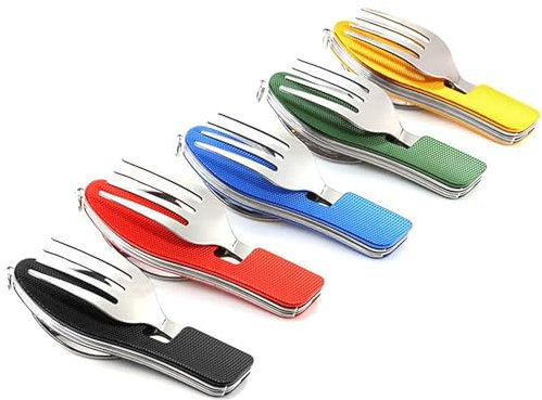 Set di posate da campeggio, 4 in 1 (forchetta/cucchiaio/coltello/apribottiglie), confezione da 5 pezzi, in acciaio inox, pieghevoli e staccabili, per escursionismo, sopravvivenza, campeggio, viaggi