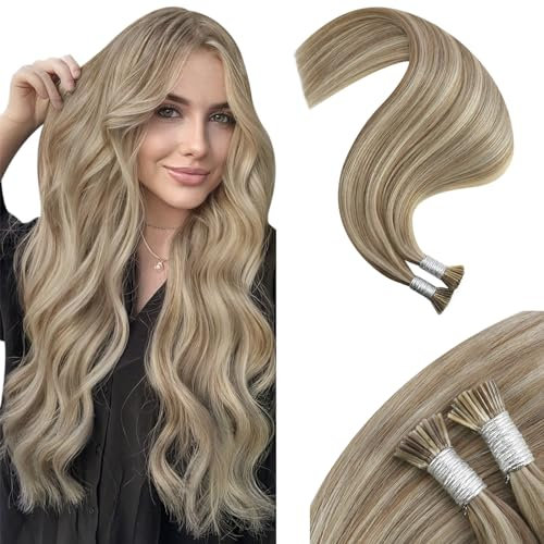 Moresoo Stick Tip Hair Extensions Real Human Hair Blonde Keratin Pre Bonded Human Hair Extensions Light Brown Mixed with Platinum Blonde I-Tip Extensions 20 Inch 40g/50s #P9A/60
