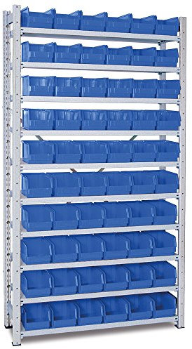 BRB Kleinteileregal, verzinkt, HxBxT 2000x1070x315 mm, 10 Böden, bestückt mit 60 Sichtboxen LB 4 Farbe blau