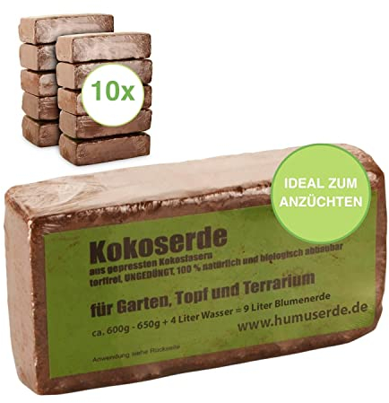 yayago Ladrillo de humus 10 x tierra de coco 90 litros de tierra prensada de fibras de coco sin turba sin fertilizar 100% natural y biodegradable para jardín maceta y terrario 10 x aprox. 650 g