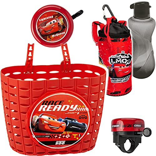 alles-meine.de GmbH 4 TLG. Set: Fahrradklingel + Fahrradkorb + Fahrradtrinkflasche mit Hülle & Halterung - Cars - Auto - Lightning McQueen - UNIVERSAL Ding Dong - 2 Klang - Kling..