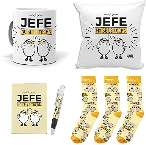 Mega Regalo Personalizado para Jefes. Al Jefe no se le tocan los Huevos. Taza, cojin, libreta, boli y Trio de Calcetines