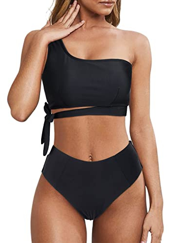 Wantonfy Damen Bikini Sets Schwimmanzug Badeanzug Bademode Swimsuit | EIN Schulter, High Waist, Push up, Zweiteiliger, Sommer, Pools, Strandpartys, Schwimmen, Surfen, Strand, Urlaub