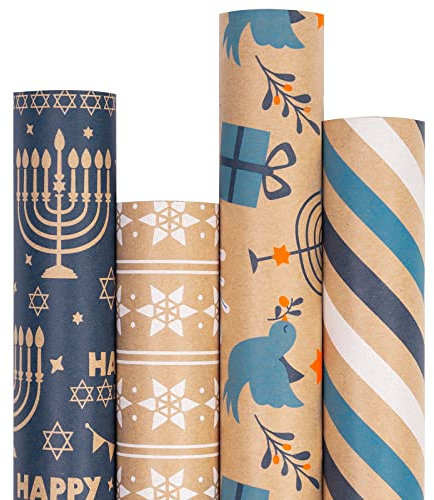 RUSPEPA Kraft Hanukkah-Geschenkpapierrolle – Blaue Menorah, Vögel, Streifen Und Davidstern-Design Für Weihnachtsgeschenkverpackung – 4 Rollen – 76 cm X 305 cm Pro Rolle