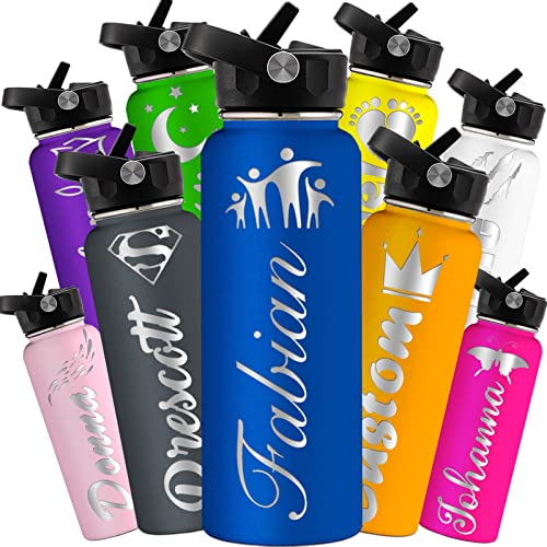 Fadace Botellas de agua personalizadas con tapa con popote, botellas de agua aisladas personalizadas de acero inoxidable con nombre grabado para niñas, mujeres, hombres, niños, regalos deportivos