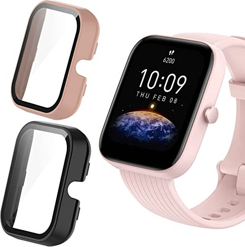 Blueshaweu Coque Compatible avec Amazfit Bip 3 Pro,Dur PC Matériel Coque,Ultra Mince Verre Trempé Écran Case pour Amazfit Bip 3 Pro (2 packs - Noir + Rose)