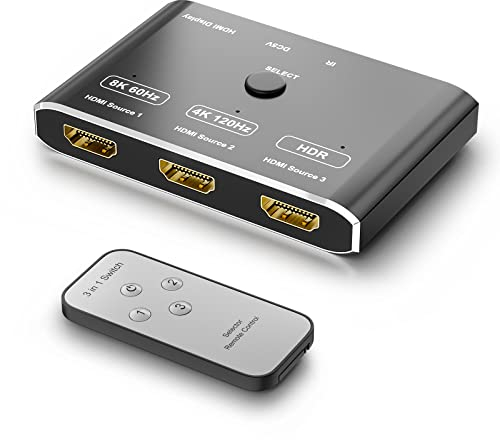 CHENLENIC 3 Port HDMI 2.1 HDR 3In 1Out 8K Switcher Directional 8K@60Hz 4K@120Hz HDR 48Gbps 3D HDMI Video Converter with Remote Control Compatible with PS5 Xbox x HDMI TVs Monitors (HDMI Switch)