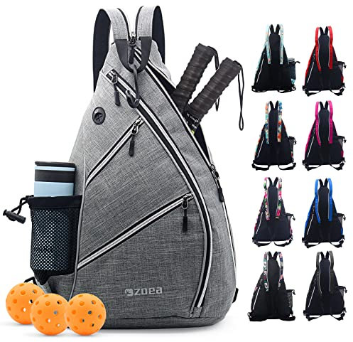 ZOEA Pickleball Bag, Sport Pickleball Sling Bag for Women Man, Adjustable Pickleball Backpack with Fence Hook Water Bottle Holder, Fits 4 Paddles and All Your Other Gear (White Grey)