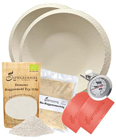Bäckerei Spiegelhauer Sauerteig Starter Set Roggensauerteig 300 g, 2 Teigschaber, Einstechthermometer, Demeter Roggenmehl Typ 1150 1 kg, 2 Gärkörbchen rund