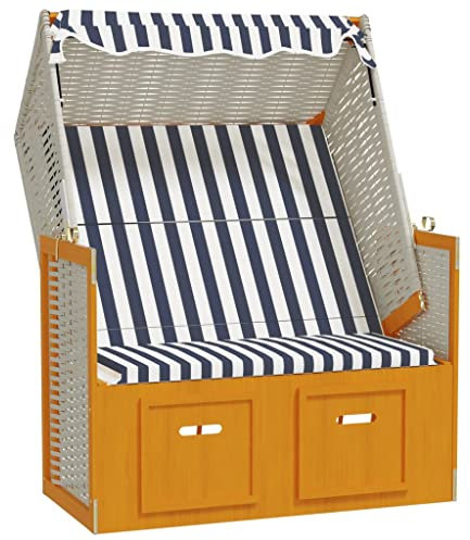 Hommdiy Strandkorb mit Dach Sonnenschirm Poly Rattan & Massivholz Weiß & Blau, 115x55x133/151/156 cm (LxBxH)