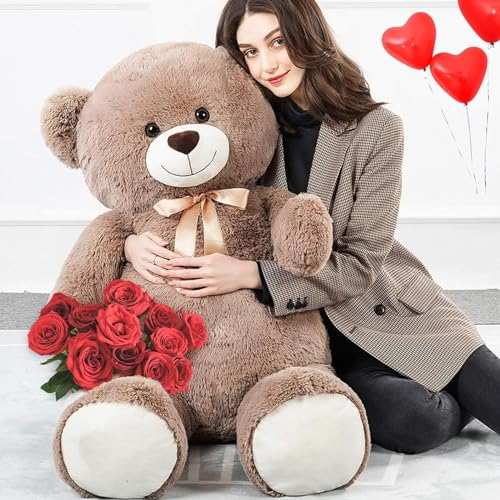 MorisMos Teddybär groß XXL, 130cm hoch riesen teddybär teddys mit Schleife, Dunkelbraun süß Kuscheltier XXL plüschbär, Geburtstag Weihnachten Geschenk Kinder mädchen